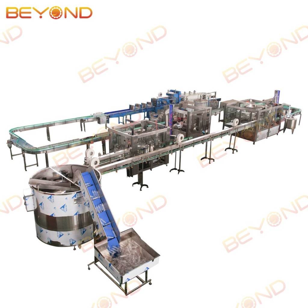 Beyond complete water bottling line — unscrambler, filler, labeler and packer